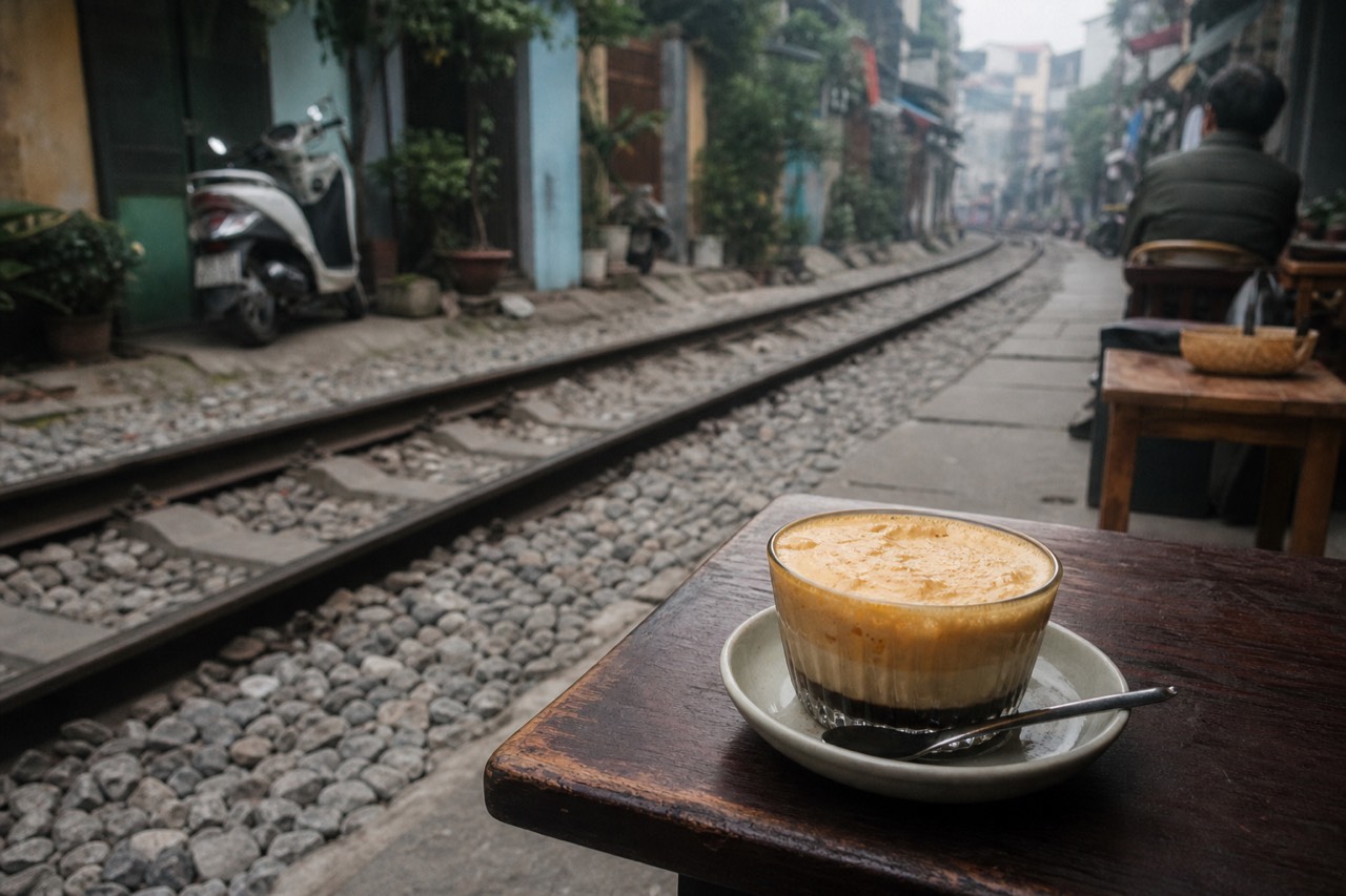 Egg coffee on a small table beside the railway tracks at a Hanoi Train Street cafe
