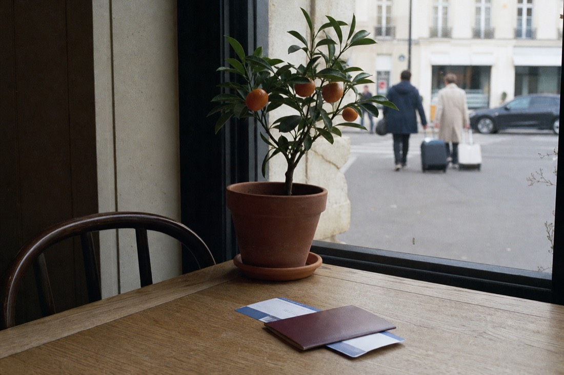 Passport and boarding pass resting on a cafe table beside a small potted kumquat tree