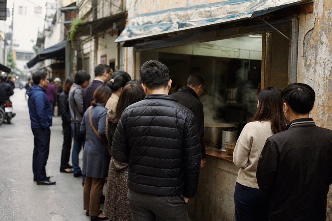 Long queue of local office workers waiting at a narrow Hanoi street food stall counter