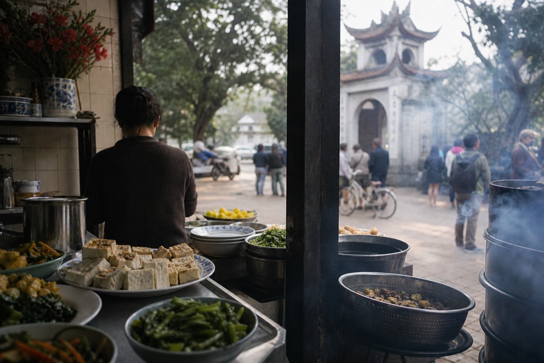 Small chay vegetarian eatery counter beside a Hanoi pagoda with incense smoke drifting past