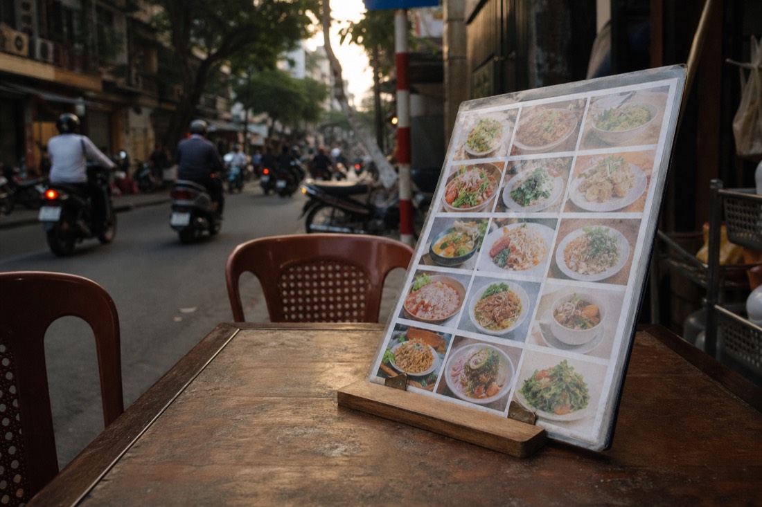 Laminated photo menu on a tourist restaurant table in Hanoi's Old Quarter with empty chairs behind