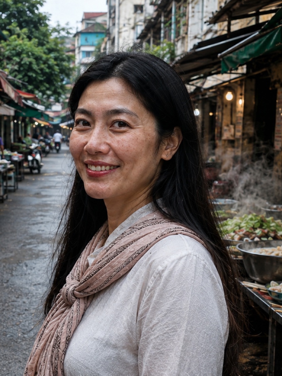 Mai Tran standing in a Hanoi street-food alley with market stalls behind her